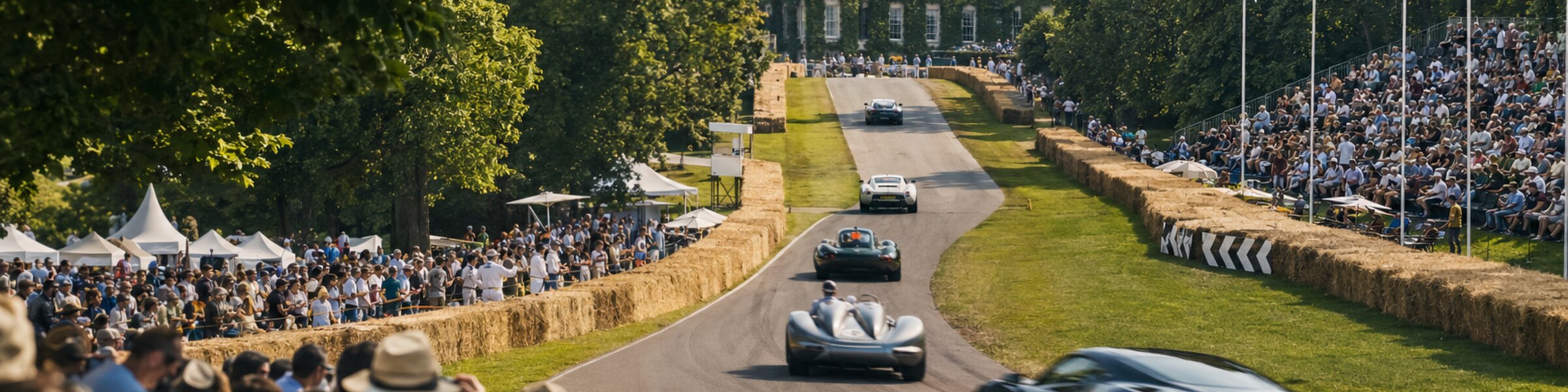 Cars climbing the Goodwood Festival of Speed hillclimb course